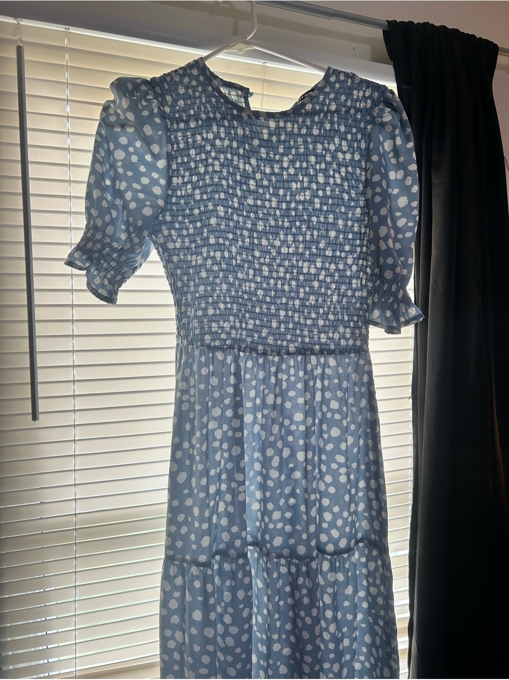 Blue Polka Dot Smocked Midi Dress